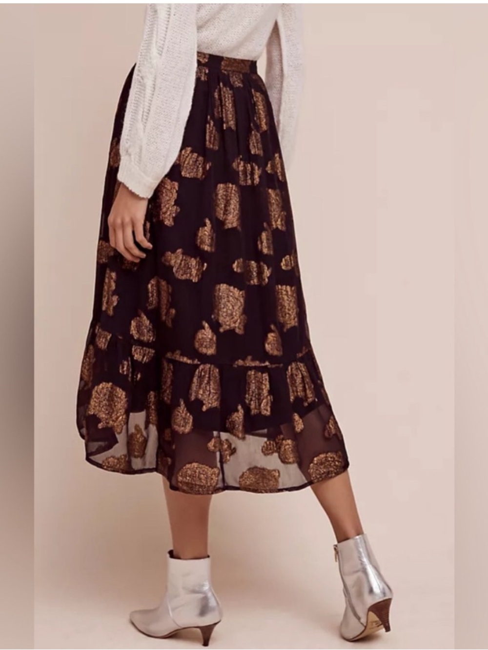 Anthro Floreat Oralie Black & Gold Metallic Floral Rose Midi Skirt Size 10 Glam - Picture 9 of 9